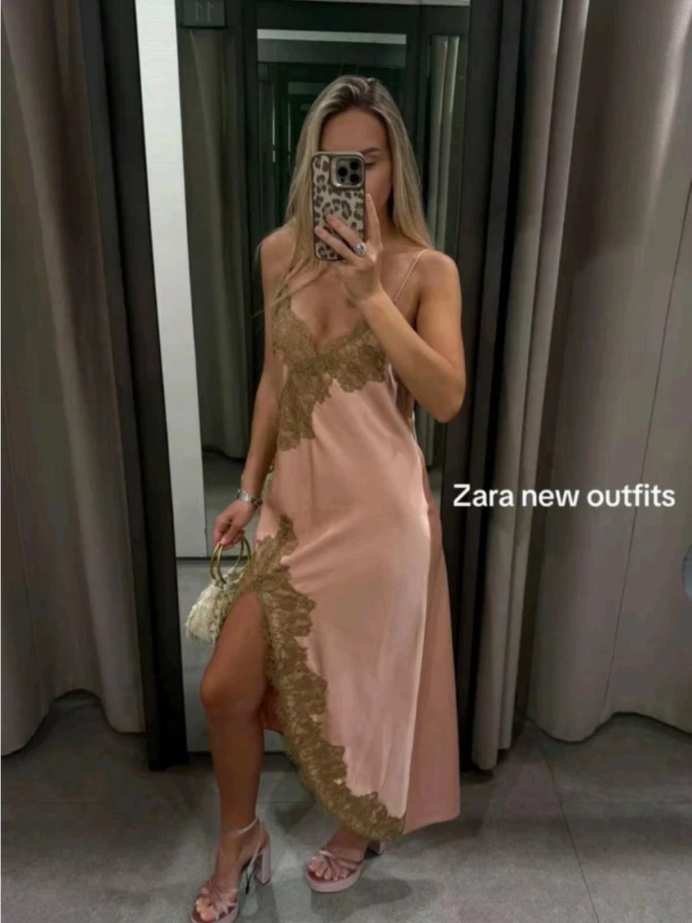 Zara Pink Satin Slip Dress with Cream Lace Trim - Picture 3 of 8